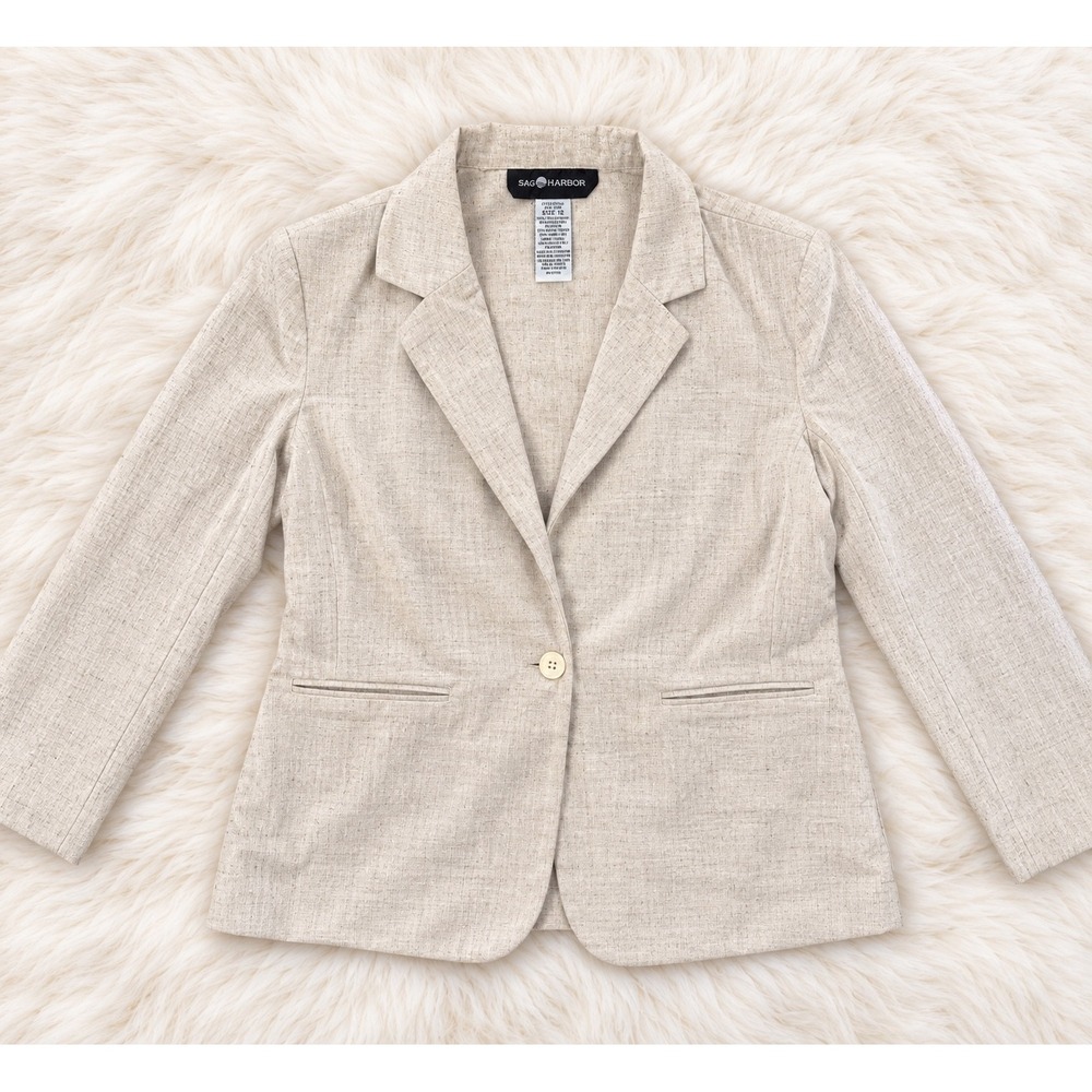 Sag Harbor Womens Size 12 Linen Blend Single Button Blazer Oatmeal Neutral